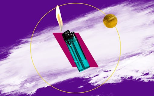 Ignited lighter on purple background