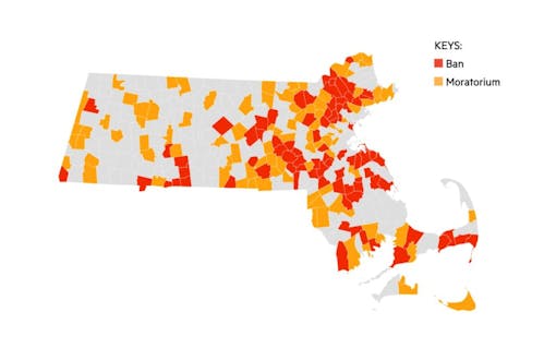 A map that highlights the varying legality of operating a cannabis business on a county level in Massachusetts.