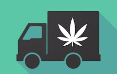 Illustration of a black truck with a marijuana leaf against a green background