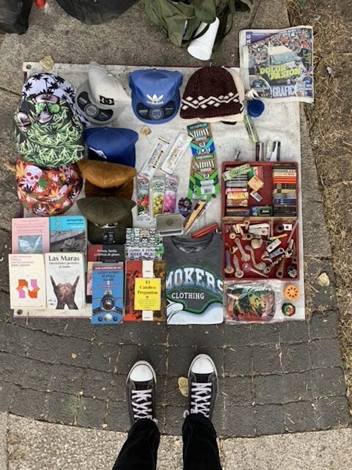 Items offered in the Planton 420 campsite including books, hats, and pipes