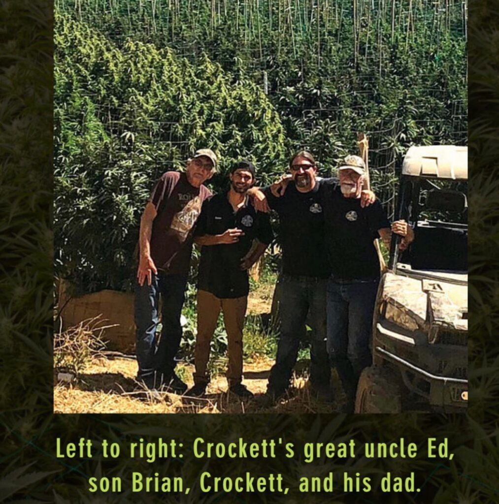 Three generations of Crocketts pose in a sunny cannabis field. (Courtesy Crockett Family Farms)