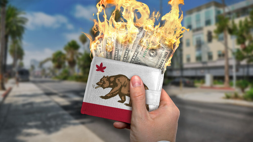 A photo of a Californian's wallet on fire for a story on unjust cannabis taxes and how to avoid them.