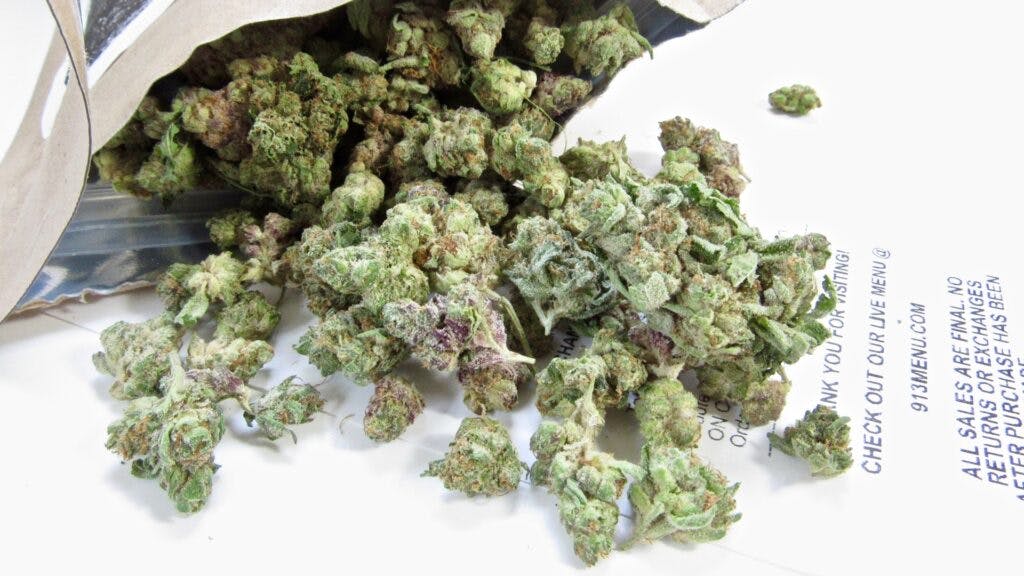 A picture of an ounce of aromatic, fresh, tasty small indoor-grown buds that sells for $180 out the door at We Are Hemp. (David Downs/Leafly)