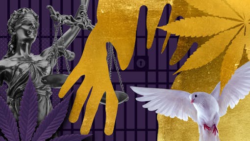 Graphic of justice scales, hands, and a dove