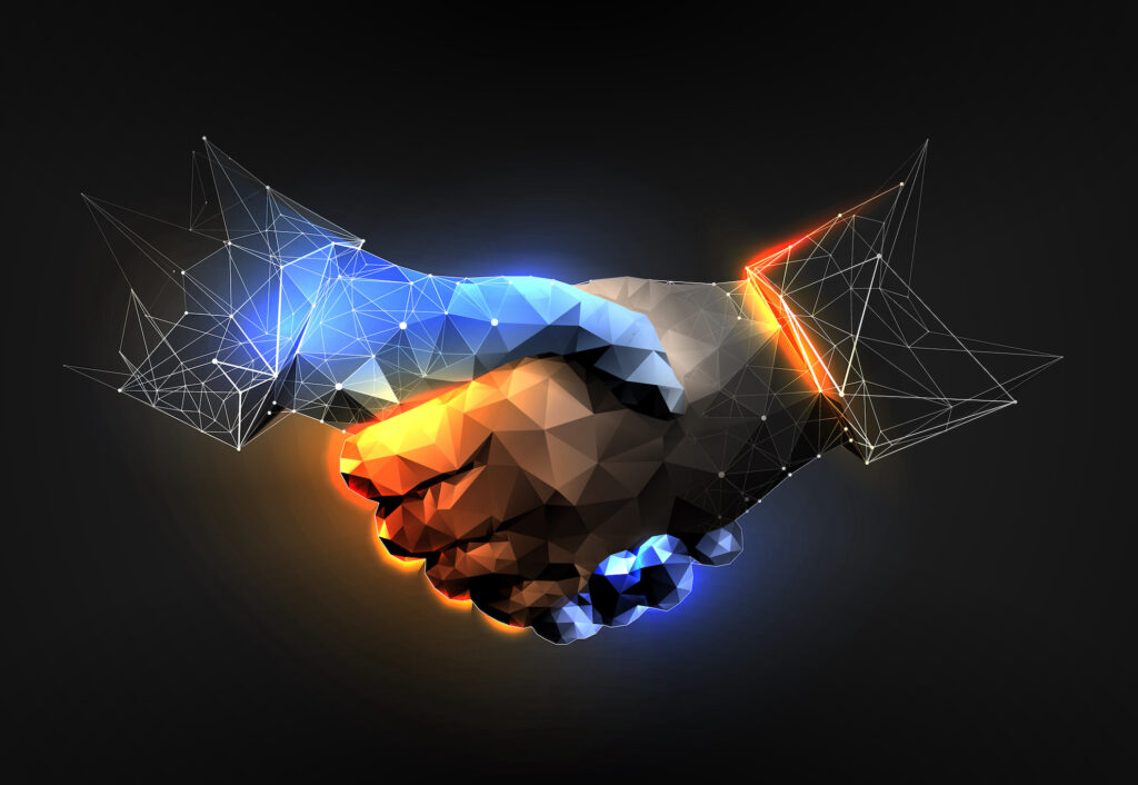 Handshake digital graphic on black background