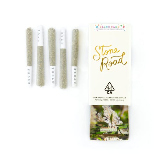 A photo of 5 small Bling Cake joints next to a pretty Stone Road box. (Courtesy Stone Road)