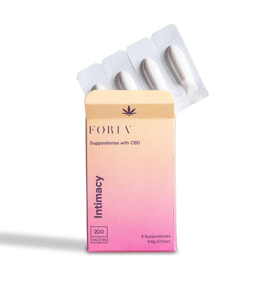 A product picture of a pastel, modern Foria CBD suppository package. (Courtesy Foria)