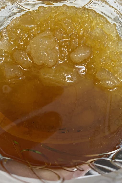 A thick, amber Fruity Pebbles sauce and diamonds jar from Humboldt Terp Council. (Photo by Jimi Devine for Leafly)