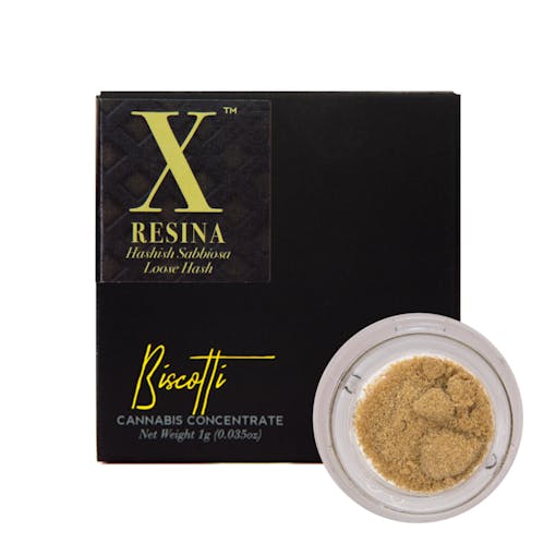 A picture of a sand-like one gram jar of Biscotti Resina cultivar Runtz. (Courtesy Biscotti)