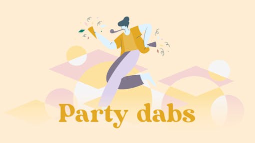 Soft gold and pink graphic featuring a person smoking and celebrating with confetti