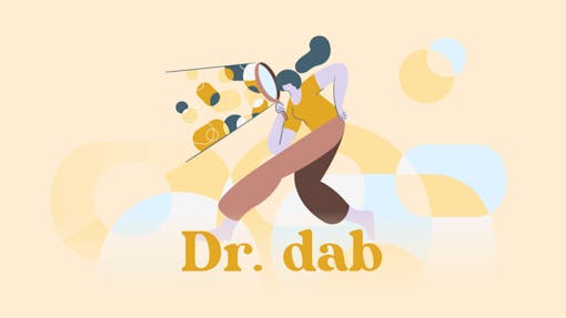 Graphic of person taking a close look at abstract molecules