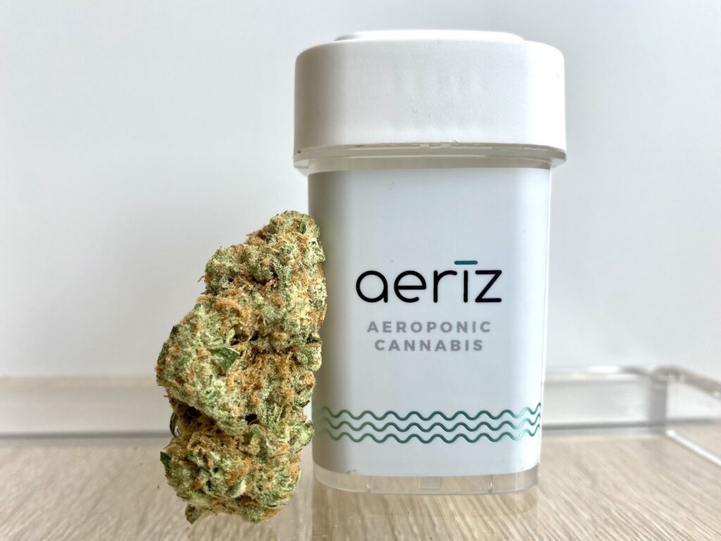 Aeriz cannabis nug next to the packaging