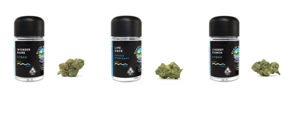 A row of three GlassHouse jars and nugs of Wonder Bars, Life Hack, and Cherry Punch. (Courtesy Glass House)