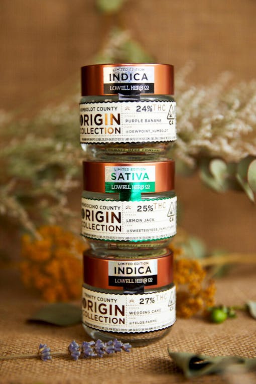 Lowell Herb Co's Origin Collection of outdoor-grown pot in stacked jars. (Courtesy Lowell)