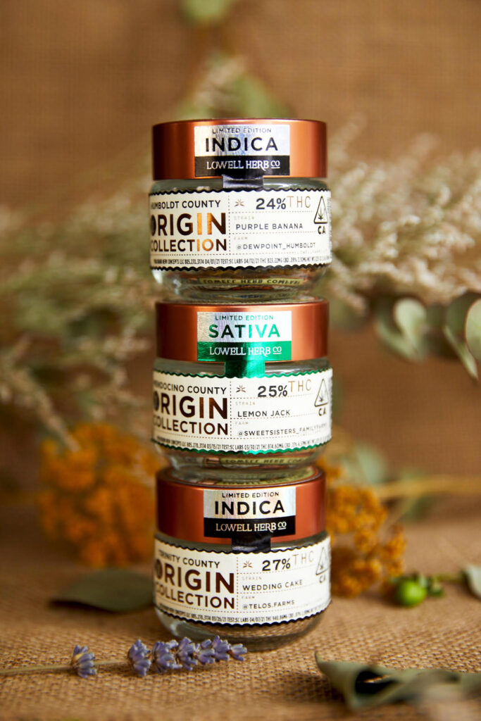 Lowell Herb Co's Origin Collection of outdoor-grown pot in stacked jars. (Courtesy Lowell)