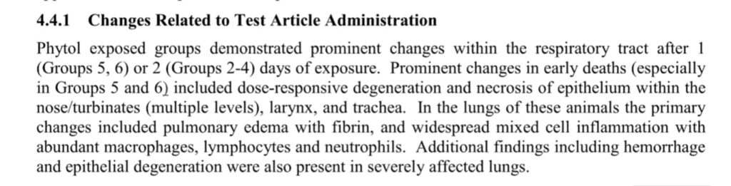 Roughly the same doses of phytol killed all rats studies, versus none given propylene glycol. (screenshot from Canopy report)
