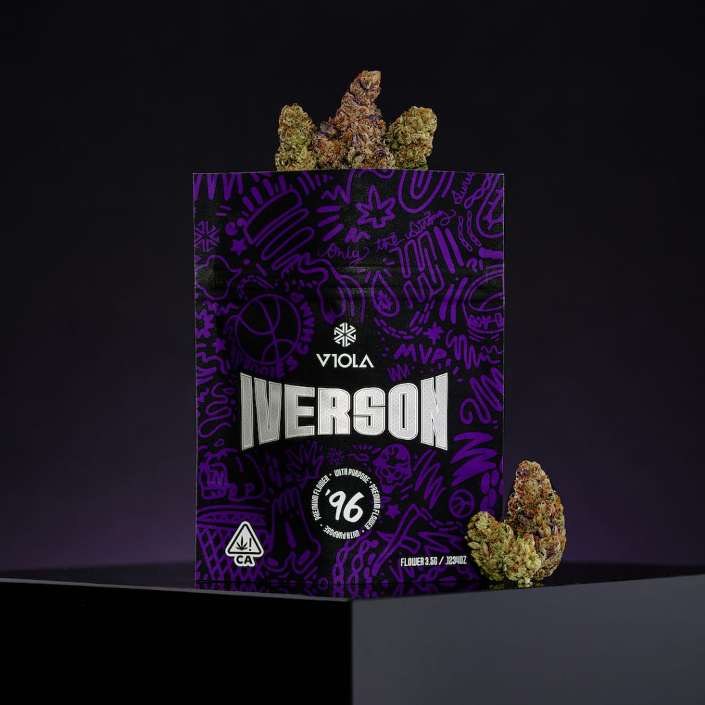 Photo by Iverson 96 labeled cannabis and purple packaging