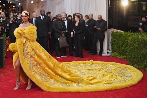 Rihanna in a golden gown at the 2015 Met Gala