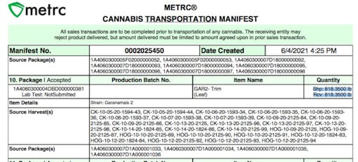 A Blue Tree inbound order in METRC for more than two tons of cannabis included 815 pounds of Garanimals trim. (Leafly via tipster)