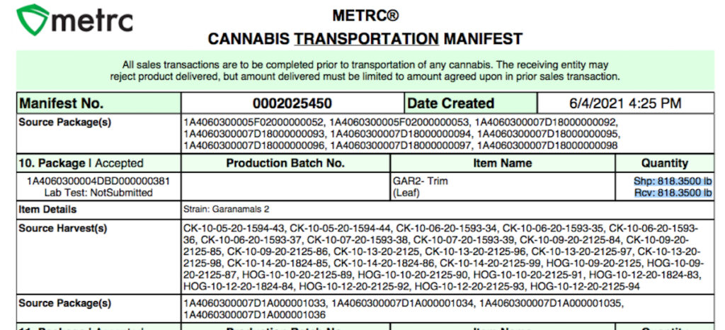 A Blue Tree inbound order in METRC for more than two tons of cannabis included 815 pounds of Garanimals trim. (Leafly via tipster)