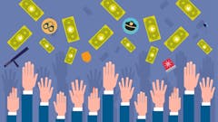 blue sleeved hands reaching up in the sky for cannabis money and police equipment