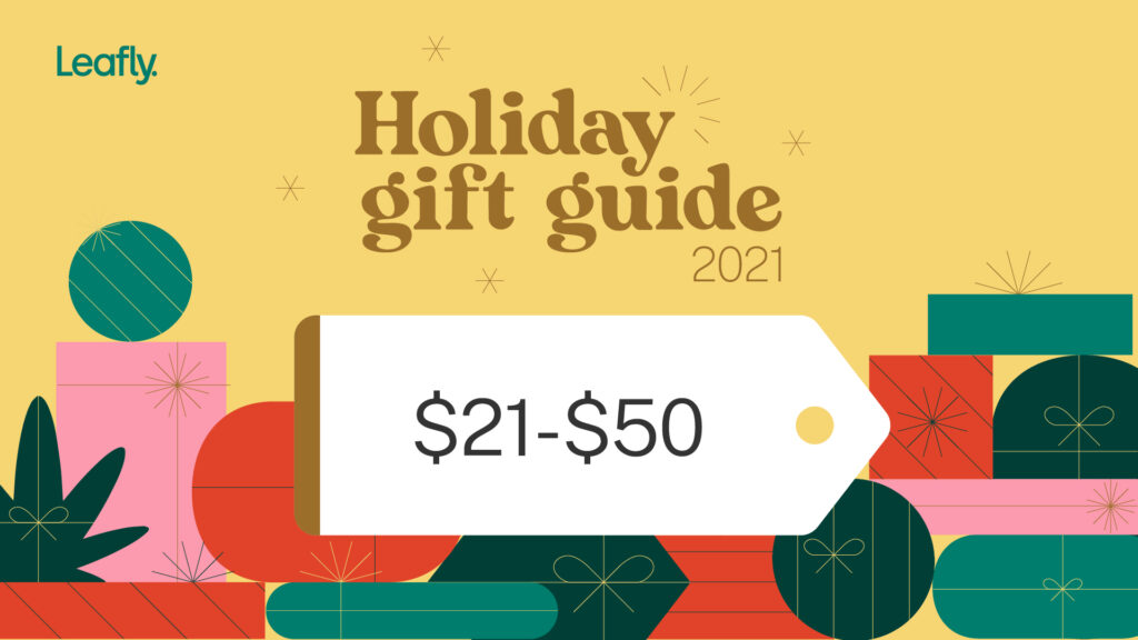 Holiday gift guide 2021 with $21-50 price tag over cheery gift background
