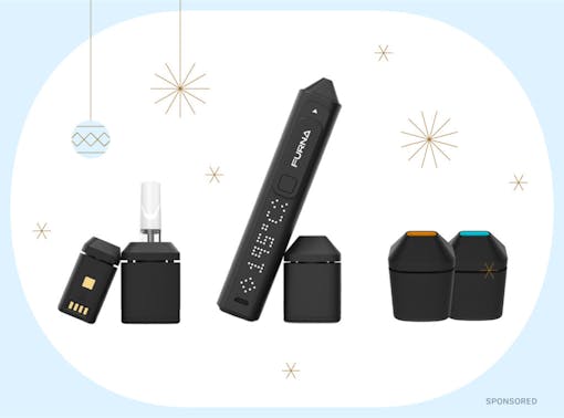 photo of Furna vaporizer with concentrate oven on blue sponsored holiday background