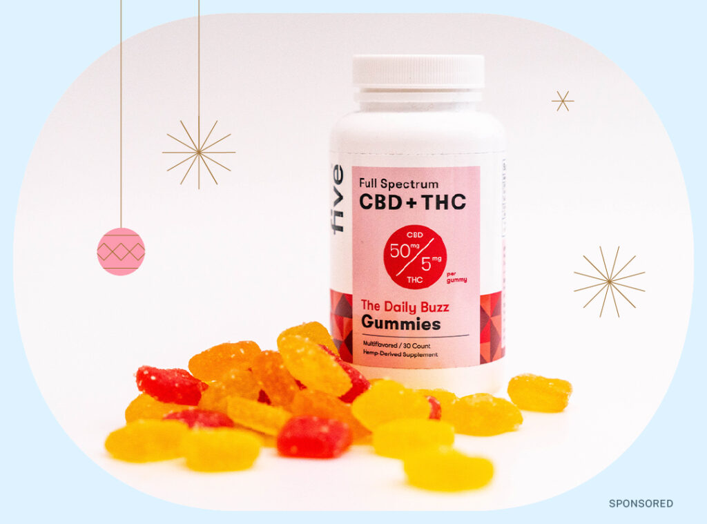 photo of five Daily Buzz gummies on blue sponsored holiday background