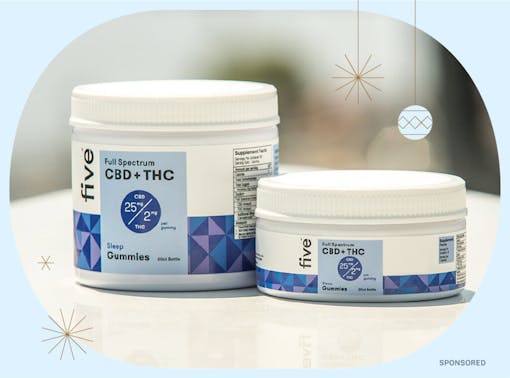 photo of five CBD+THC Sleep gummies on blue sponsored holiday background