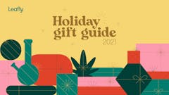 Text reading: holiday gift guide 2021 on gold background