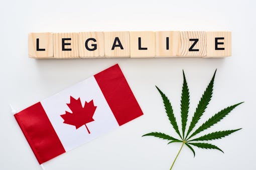 top view of green cannabis leaf and legalize lettering on wooden cubes near flag of Canada on white background