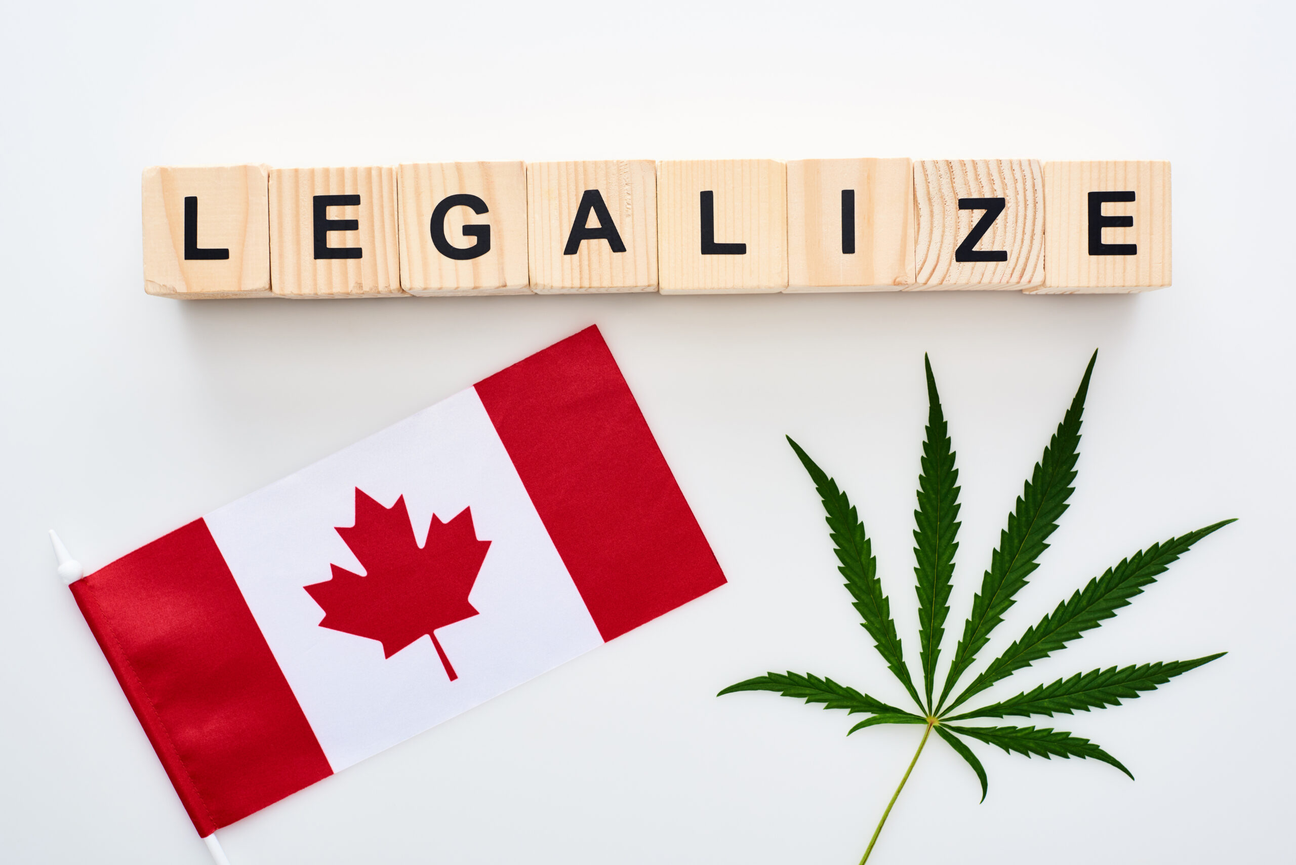 Top view of green cannabis leaf and legalize writing on wooden cubes near the flag of Canada on a white background