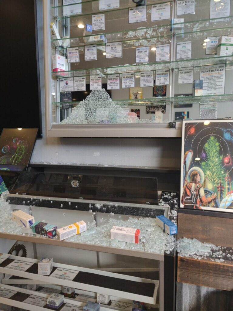 A smashed glass case belonging to Organicann in Oakland, one of 25 burglaries in an ongoing crime wave in Oakland.