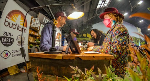A legacy Cali pot farmer sales his wares at The Emerald Cup 2021. (Photo by James Sakert, Courtesy The Emerald Cup)