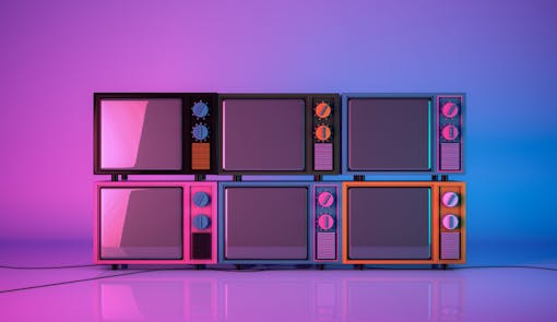 3d rendering, Realistic mock up of colorful vintage television set, monitor blank empty space, pink and blue glowing colors background.
