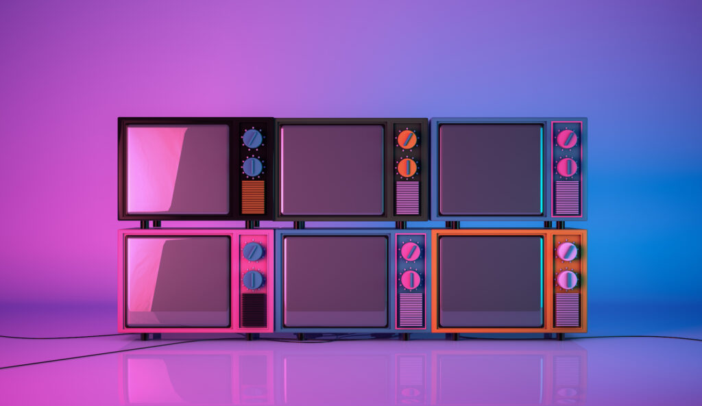 3D rendering, realistic model of colorful vintage TV, empty empty space, pink and blue glowing background.