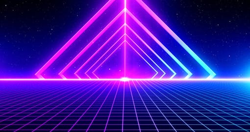Retro Sci-Fi Background Futuristic Grid landscape of the 80`s. Digital Cyber Surface. Suitable for design in the style of the 1980`s. 3D illustration