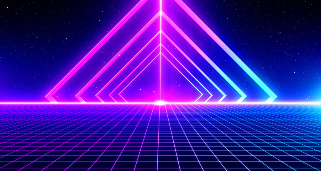 Retro Sci-Fi Background 80s futuristic grid landscape. Digital cyber surface. To match the design in the style of the 80s. 3d illustration