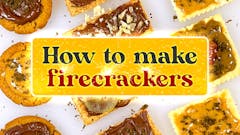 background of various cannabis firecrackers on neutral background with yellow rectangle that reads "How to make firecrackers" in green and red text with firework sparks