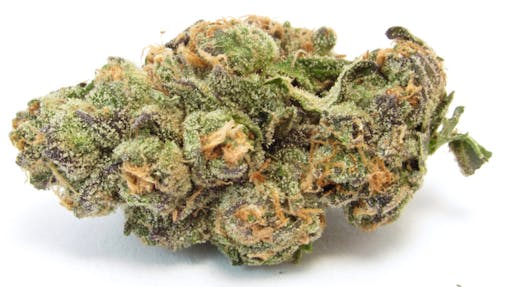 A close up of a purple, orange and green nug covered in trichomes.(David Downs/Leafly)