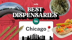 Image reading "best dispensaries in chicago" with joints, The Bean, and the Chicago skyline