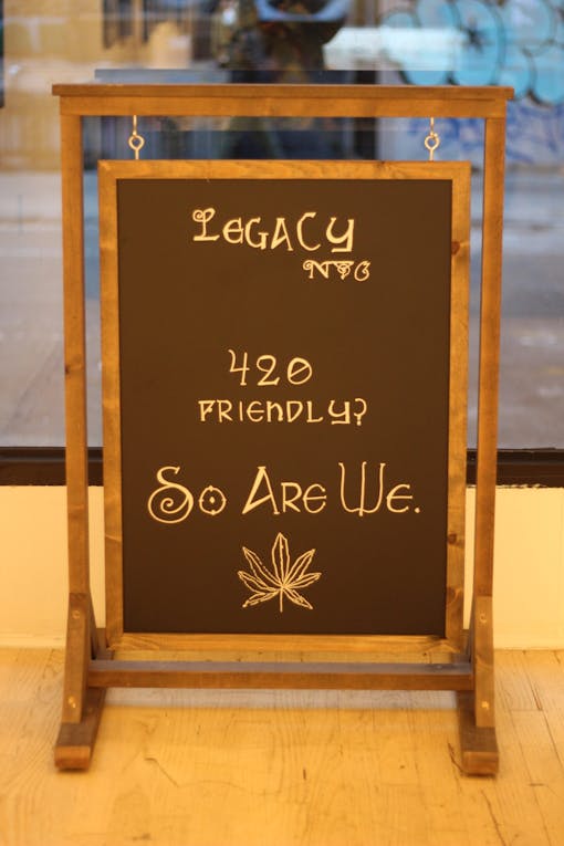 The staff at Legacy NYC let it be known from the door: The entire gallery is 420-friendly, and one of the only places to find authentic, legal cannabis products in The Big Apple. (Leafly / Megan Schmidt)