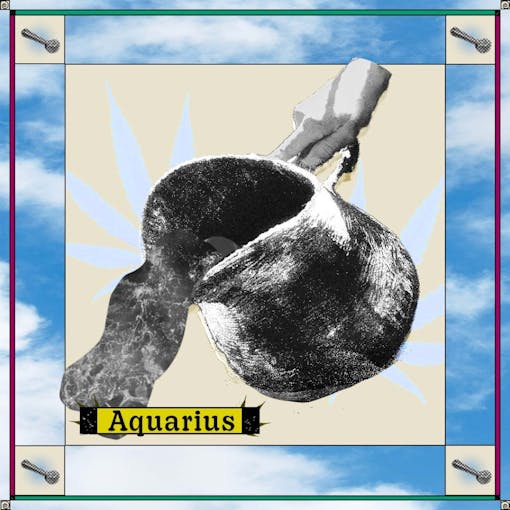 water pitcher and weed pipes on sky background with word "Aquarius"