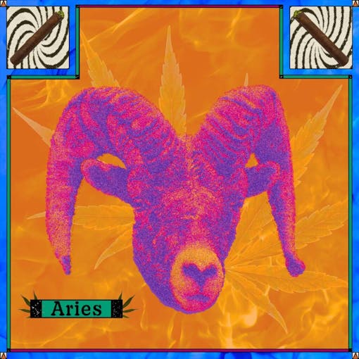 blunts and a ram with the word "Aries" on a fiery orange background