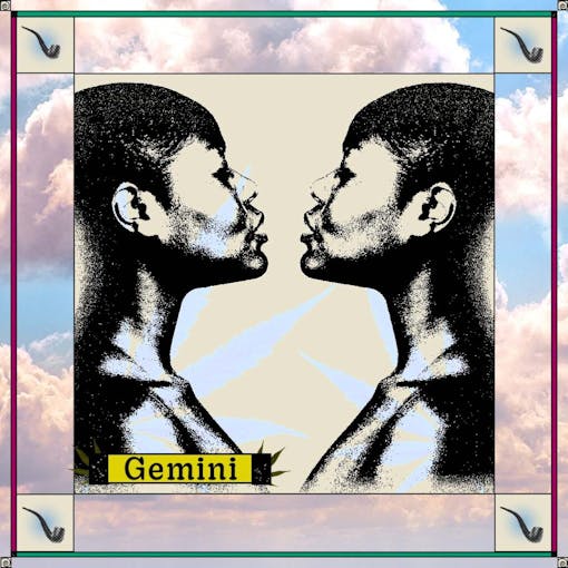 two women looking at each other confidently on sky background with pipes in the corners and the word "Gemini"