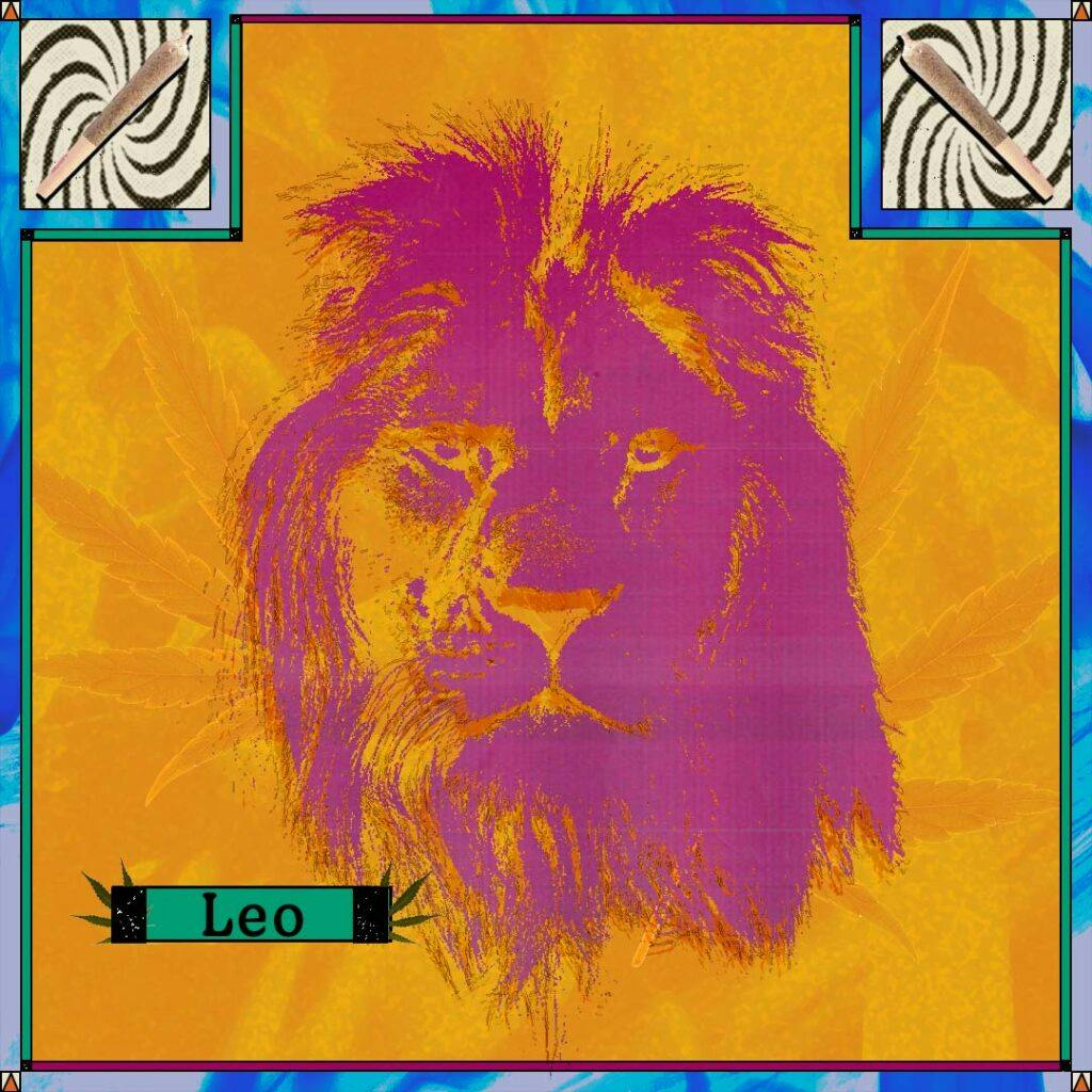 Pink lion and joints on orange psychedelic background with the word "Leo"
