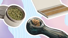 collage image of pipe, grinder, and rolling papers