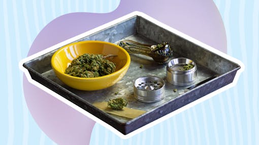 photo of sleek rolling tray with smoking accessories over purple and blue background