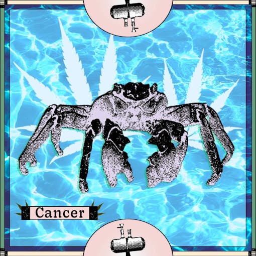 Crab on blue watery background with glass rigs in border and word