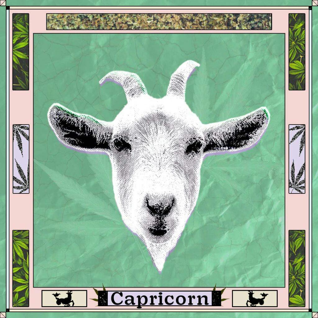 Horned goat on green background with cannabis border and the word